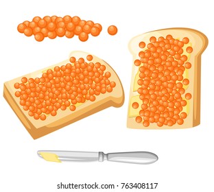 Tasty bread with butter and red caviar. Butter on stainless knife. Illustration isolated on white background. Website page and mobile app design