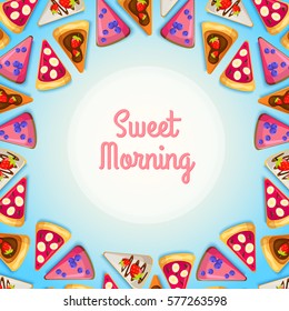Tasty breakfast background with pieces of pie with berries chocolate and cream vector illustration