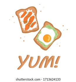 Tasty breakfast card with "yum" lettering. Healthy food concept.  Fried egg, salmon and cream cheese, avocado toast on white background. Hand drawn vector