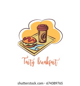 Tasty breakfast, coffee and hamburger, logotype
