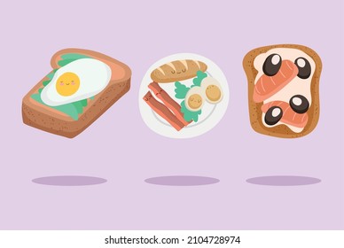 tasty breakfast cute egg, bread icons