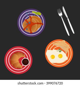 Tasty breakfast with eggs, pancakes and croissant, vector illust