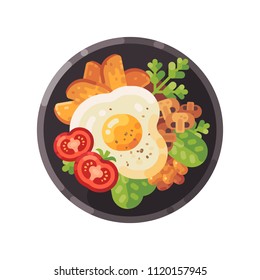 Tasty breakfast flat illustration. Dish with omelet, tomatoes, fried potatoes, mushrooms and salad. 