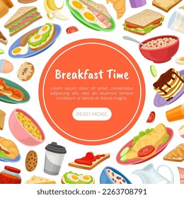 Tasty Breakfast Food Banner Design with Sandwich, Porridge and Omelette Vector Template