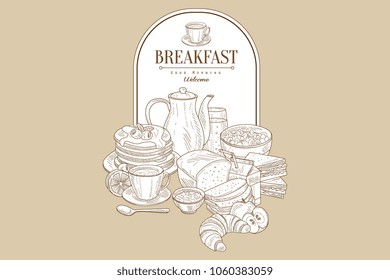 Tasty breakfast and frame with place for text. Pancakes, tea, juice, bread, croissant, porridge, lemon, apple. Vintage hand drawn vector design for cafe or restaurant menu