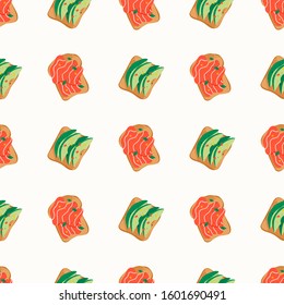 Tasty breakfast. Healthy food concept. Toasts with salmon and avocado slices. Colored Vector seamless pattern. Background texture wallpaper. Perfect for textile prints