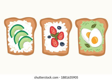 Tasty breakfast. Healthy food concept. Various toasts. Boiled eggs, avocado toast, strawberries, blueberries, cream cheese. Colored vector set isolated on white background