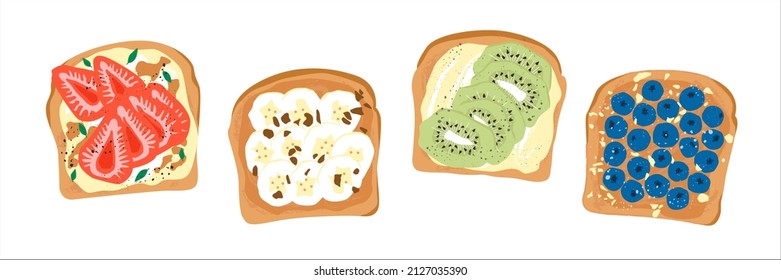 Tasty breakfast. Healthy food concept. Various toasts. Sweet berries, sliced chocolate banana, strawberry, blueberry, kiwi, cream cheese, fresh fruits. Cartoon vector isolated illustration.Top view. 