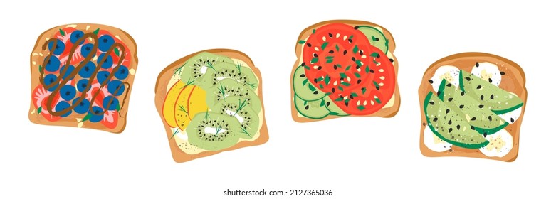 Tasty breakfast. Healthy food. Various toasts. Fresh fruits,berries, vegetable, sliced tomatoes, cucumbers , avocado, mango, chia, greenery, cream cheese. Cartoon vector isolated illustration.Top view