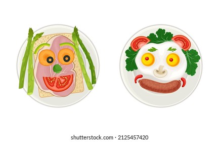 Tasty breakfast for kids served on plates set. Top view of funny shaped dishes with eyes vector illustration
