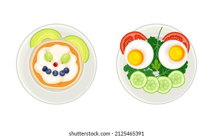 Tasty breakfast for kids served on plates set. Funny shaped dishes with eyes, view from above vector illustration