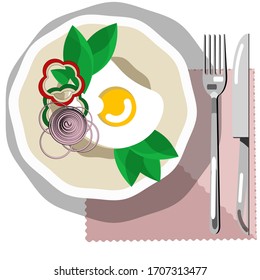 Desayuno delicioso perfecto huevo frito. Ensalada en un plato con cuchillo y tenedor. Ilustración plana de comida ecológica.