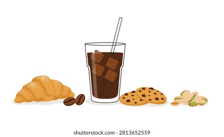 Tasty breakfast or snack layout with iced coffee in a tall glass, a croissant, chocolate cookies, and pistachios.