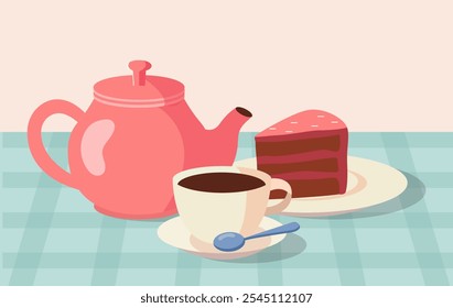 Hora do café da manhã saborosa. Xícara de chá com fatia de bolo. Sobremesa e delicadeza. Comer de manhã e comer. Bebida quente e produtos de doces. Ilustração de vetor plano isolada no plano de fundo branco