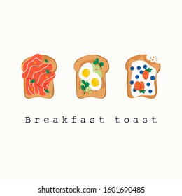 Tasty breakfast toast. Healthy food concept. Various three toasts. Steamed eggs, salmon, sweet berries, butter, jam, Hand drawn Colored Vector illustration. 