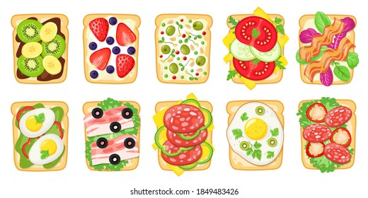 Tasty breakfast toasts. Fried bread with eggs, avocado, cheese, fish and fruits, healthy delicious sandwich, toasted bread vector illustration set. Food for lunch, Berries and vegetables on butties