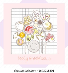 Tasty breakfast top view frame. Food dishes collection. Vector breakfast icon set.