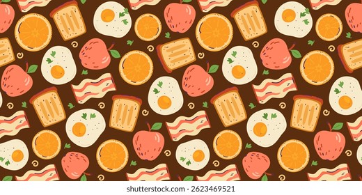 Tasty breakfast vector seamless pattern with doodle illustrations of fried eggs, bacon, toast, apple, orange slice.