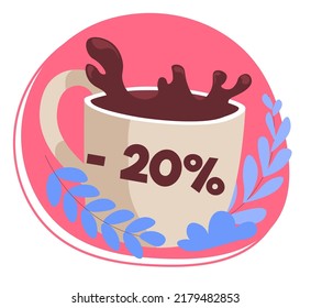 Tasty brewed beverage with caffeine in a coffee shop, cafe or restaurant. Sale and discounts for clients, drinks served in mug. Promotional banner with floral decoration. Vector in flat style