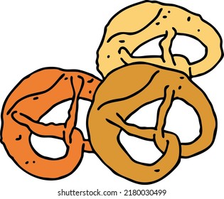 Tasty brezel for Oktoberfest celebration. Baked snack, bread for cafe, restaurant menu. Beer food for happy party people. Hand drawn illustration. Cartoon style line vector drawing.