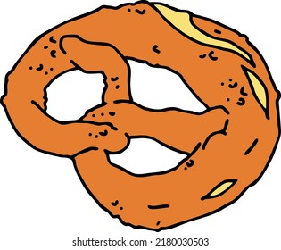 Tasty brezel for Oktoberfest celebration. Baked snack, bread for cafe, restaurant menu. Beer food for happy party people. Hand drawn illustration. Cartoon style line vector drawing.