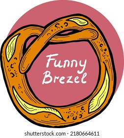 Tasty brezel for Oktoberfest celebration. Baked snack, bread for cafe, restaurant menu. Beer food for happy party people. Hand drawn illustration. Cartoon style line vector drawing.