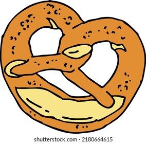 Tasty brezel for Oktoberfest celebration. Baked snack, bread for cafe, restaurant menu. Beer food for happy party people. Hand drawn illustration. Cartoon style line vector drawing.