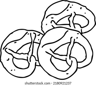 Tasty brezel for Oktoberfest celebration. Baked snack, bread for cafe, restaurant menu. Beer food for happy party people. Hand drawn illustration. Cartoon style line vector drawing.