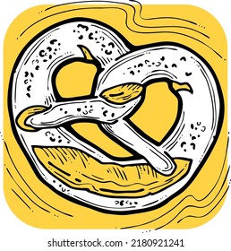 Tasty brezel for Oktoberfest celebration. Baked snack, bread for cafe, restaurant menu. Beer food for happy party people. Hand drawn illustration. Cartoon style line vector drawing.