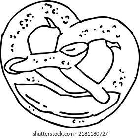 Tasty brezel for Oktoberfest celebration. Baked snack, bread for cafe, restaurant menu. Beer food for happy party people. Hand drawn illustration. Cartoon style line vector drawing.