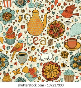 Tasty bright background. Tea concept card with cups, cupcakes, rabbit, birds, butterflies and flowers. Seamless pattern can be used for wallpapers, pattern fills, web page backgrounds,surface textures