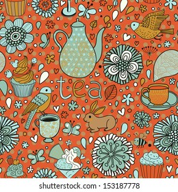 Tasty bright background. Tea concept card with cups, cupcakes, rabbit, birds, butterflies and flowers. Seamless pattern can be used for wallpapers, pattern fills, web page backgrounds,surface textures