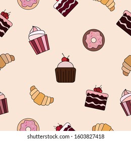 Tasty and bright bakery pattern on light beige background. Donuts with glaze, muffin with cherry, croissant, cupcake with cream. Seamless food pattern.