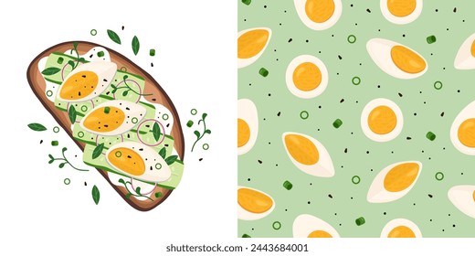 Tasty bruschetta and pattern with boiled eggs