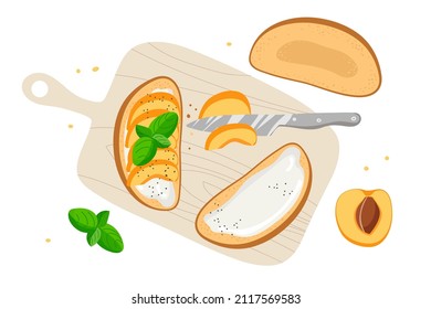 Tasty bruschetta with peach fruits, cream cheese, mint leaf on cutting board. Ingredients for toast cooking with inscriptions. Top view flat Vector for menu, cafe. Delicious snack for gourmets.