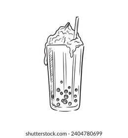 Tasty bubble milk tea with cream on the top and straw in glass cup in black isolated in white background. Hand drawn vector sketch illustration in doo