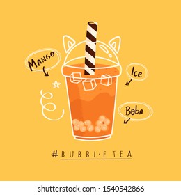 Tasty Bubble tea. Milk tea with tapioca pearls. Mango tea with ice. Asian Taiwanese drink. Hand drawn colored trendy vector illustration. Cartoon style. Flat design. Beverage recipe