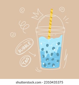 Té de burbujas delicioso. Té de leche con perlas de tapioca. Té Boba. Bebida taiwanesa asiática. Ilustración vectorial de moda de color dibujada a mano con texto. Estilo de caricatura. Diseño plano. Receta de bebidas.