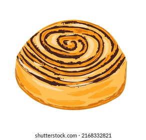 Tasty bun with cinnamon in cartoon hand drawn syle