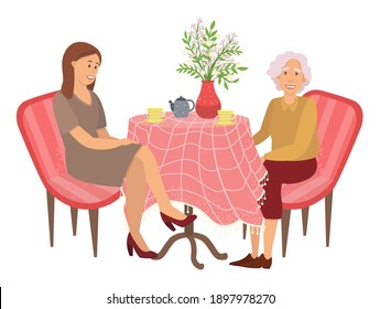 Tasty bun-fight at home vector illustration. Elderly and young women drinking tea and communicating. Female characters sitting together. Grandmother and granddaughter isolated on white background