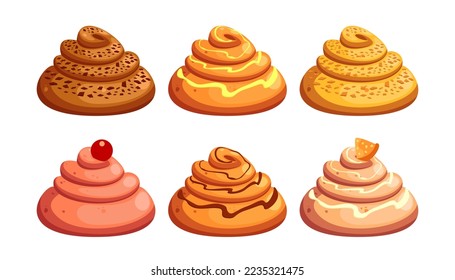 Tasty buns with different flavors vector illustrations set. Collection of cartoon drawings of sweet treats with berry, piece of fruit, glazing on white background. Baking, desserts, food concept