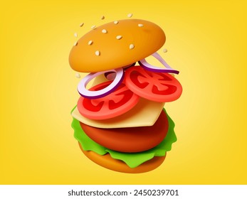 Tasty burger 3d concept. Render fast food sandwich. Bun with seeds, tomato slices, onion rings, cheese and meat cutlet with salad, pithy vector poster