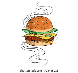 Tasty burger cartoon image. Artistic freehand drawing.