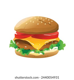 Tasty burger in cartoon style. Vector illustration of a delicious burger bun with sesame, greens, tomatoes, cheese, steak, isolated on a white background. Fast food.