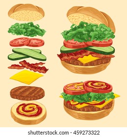 Tasty burger with cheese, meat, cucumber, salad and tomato