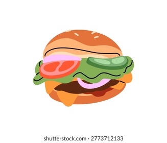 Tasty burger. Cheeseburger or hamburger with tomatoes and lettuce. Sandwich with buns and fresh vegetables. Fast food restaurant meal. Fastfood eating. Flat isolated vector illustration on white