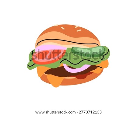 Tasty burger. Cheeseburger or hamburger with tomatoes and lettuce. Sandwich with buns and fresh vegetables. Fast food restaurant meal. Fastfood eating. Flat isolated vector illustration on white