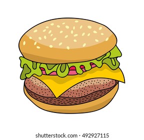 Tasty burger from fastfood. Vector doodle illustration.