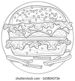 
Tasty burger with french fries.Coloring book antistress for children and adults. Illustration isolated on white background.Zen-tangle style. Black and white drawing