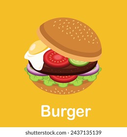 Tasty burger with fried egg, beef steak and tomatoes on yellow background 